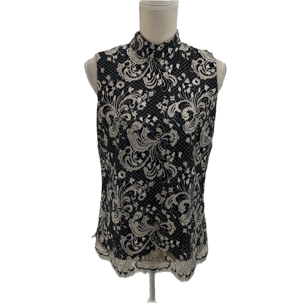 Talbots Lace Sleeveless Blouse Women’s 8 Black Brown Zip Close